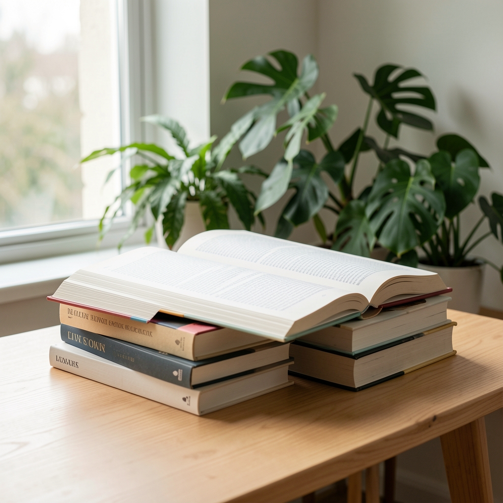 Livres ouverts empilés sur une table en bois clair avec plantes vertes en arrière-plan, lumière naturelle entrant par une grande fenêtre, ambiance studieuse et calme