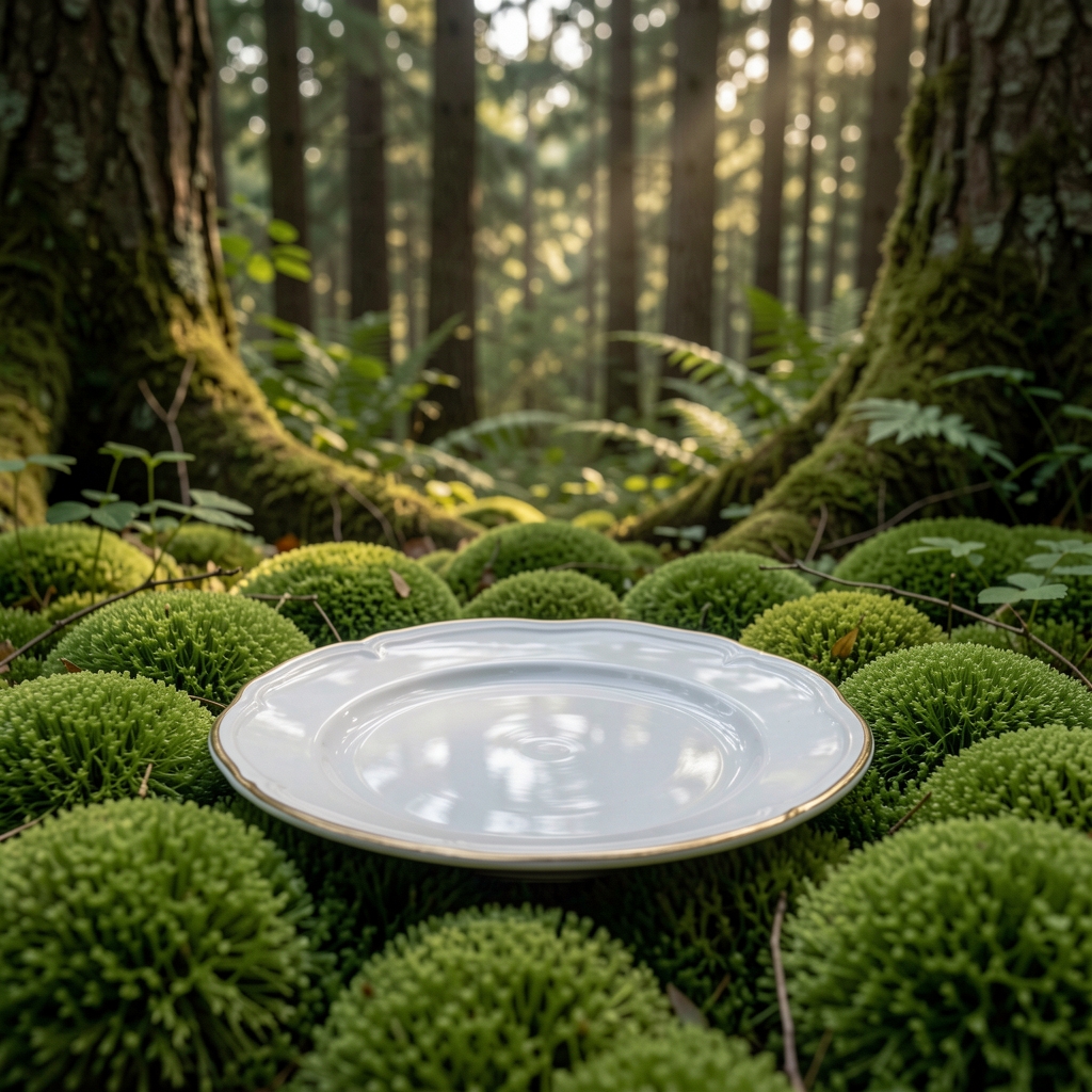 Pierre plate posée sur un lit de mousse verte en forêt, lumière naturelle tamisée créant une ambiance calme et apaisante