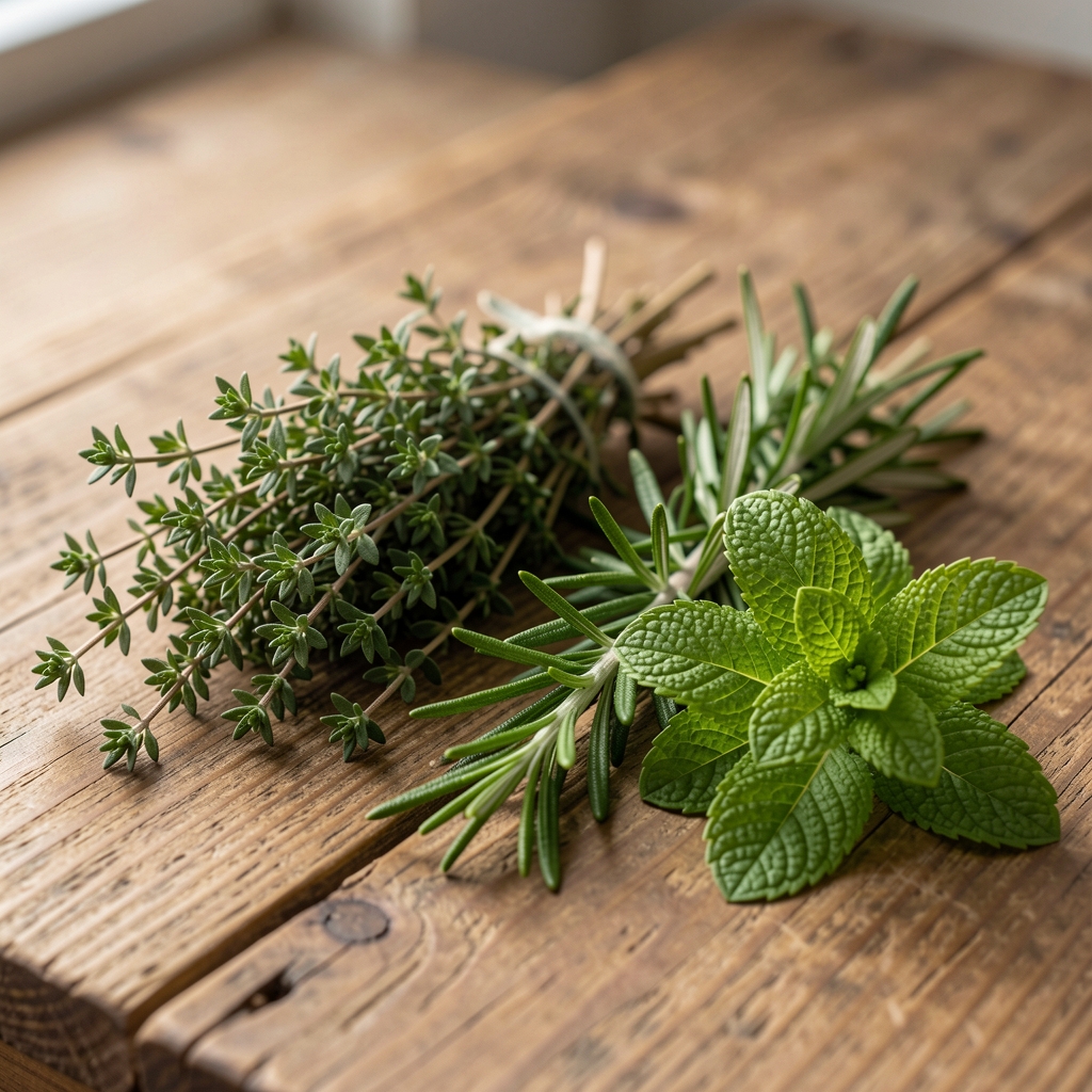 Herbes aromatiques fraîches — thym, romarin et menthe disposés sur une table en bois naturel, lumière naturelle douce