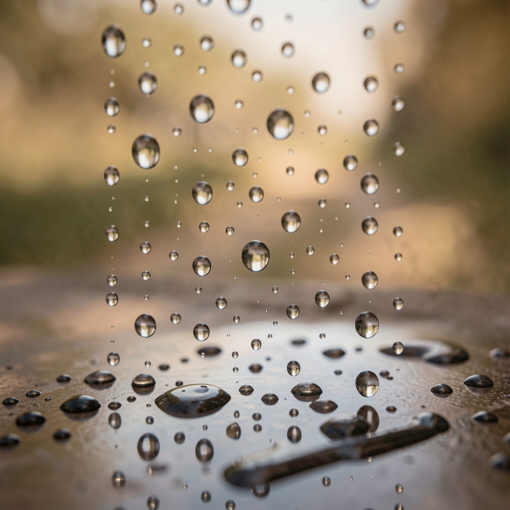 Gouttes d'eau cristallines tombant sur une feuille verte en gros plan, fond flou avec reflets lumineux doux